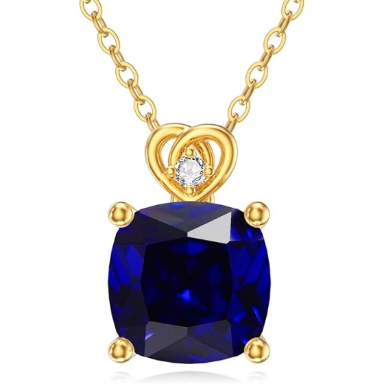 14k Gold Cushion-cut Gemstone Birthstone Necklace with Real Diamond(I2-I3 Clarity),2 Carat Created Birthstone Anniversary Birthday Mother's Day Necklaces for Women Mom Her