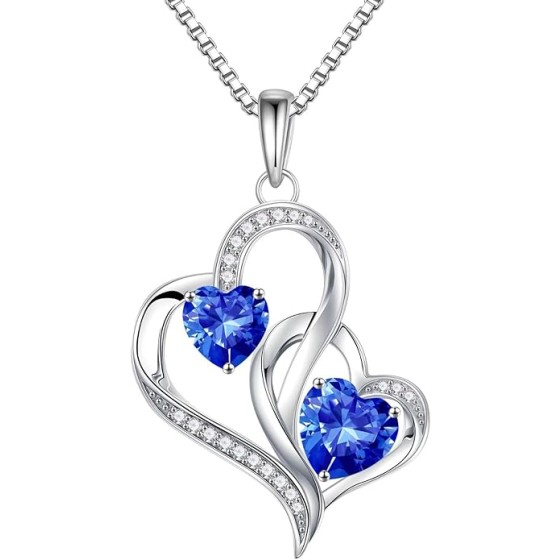 Iefil Rose Heart Birthstone Necklaces for Women - 925 Sterling Silver Double Birthstone Necklace, Anniversary Birthday Gifts for Women, Jewelry Gifts for Wife Her
