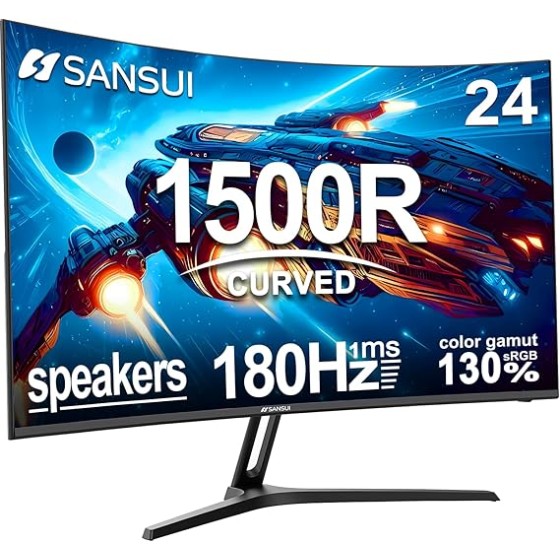 SANSUI 24 Inch Curved Gaming Monitor up to 180Hz MPRT 1ms with Built-in Speakers,FHD 1080P Computer Monitor Freesync 130% sRGB HDR,HDMI DP Ports VESA Mount Metal Stand(ES-G24C1 HDMI Cable Included)