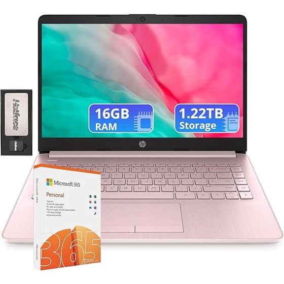 HP Flagship 14" Laptop with 1 Year Office 365 | 16GB RAM | 1.22TB Storage(64GB eMMC & 160GB Docking Station & 1TB Cloud Storage) | Intel 4-Core Processor| Webcam | Wi-Fi | Windows 11 | Pink