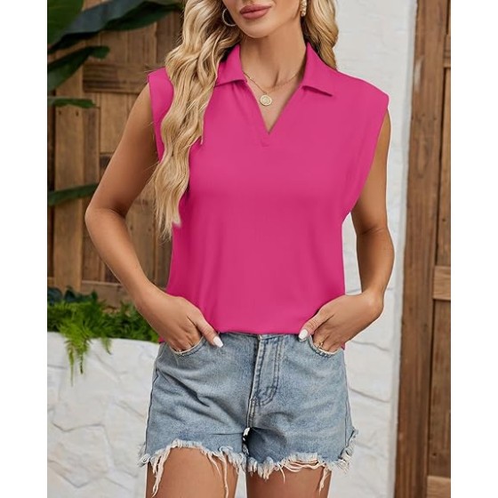 WHO in Shop Polo Shirts for Women V Neck Collared Golf Shirt UPF 50+ Ribbed Cap Short Sleeve Work Blouses Tennis Tunic Tops