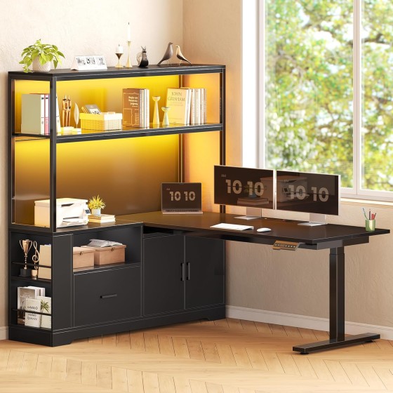 SEDETA L Shaped Standing Desk, Reversible Computer Office Desk with Drawers & Hutch, Stand Up Corner Gaming Desks with LED Lights & Power Outlets for Home Office