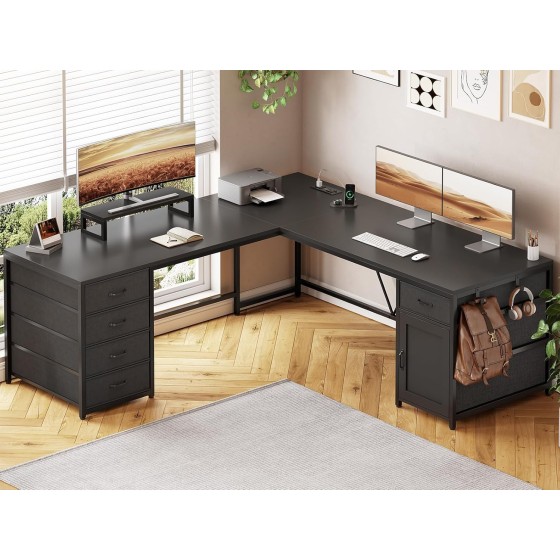 Sedeta SEDETA L Shaped Desk, 63'' Computer Desk with 5 Drawer & Power Outlet,Long Home Office Desk or Corner Desk, L Shaped Corner Desk with Monitor Shelf, Storage Cabinet, Black