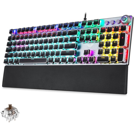 AULA F2088 Mechanical Gaming Keyboard, Tactile Brown Switches, LED Rainbow Backlit, Volume Controls, Removable Wrist Rest, Unique Cool Square Keycaps, Full Size Wired Keyboard for Windows/Mac/PC